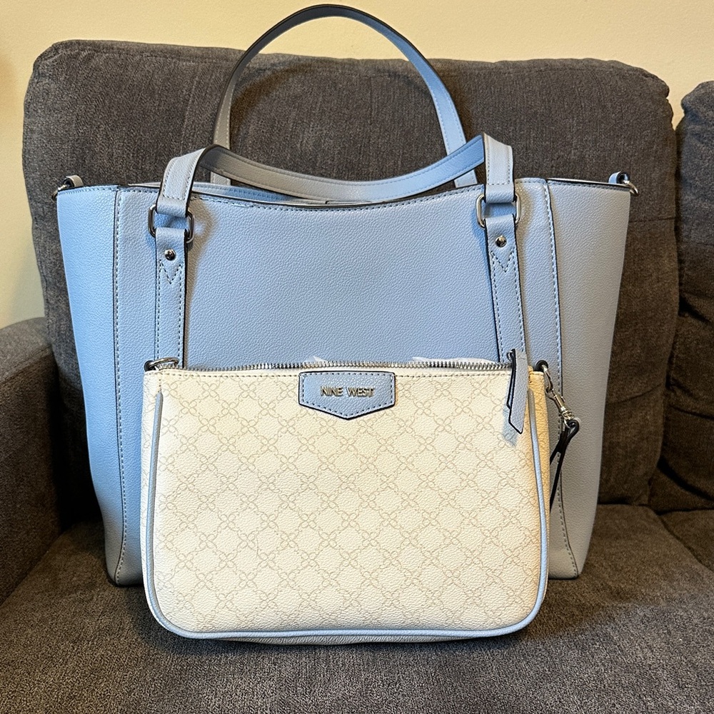 Nine West Powder Blue Tote with Cream Zip Pouch